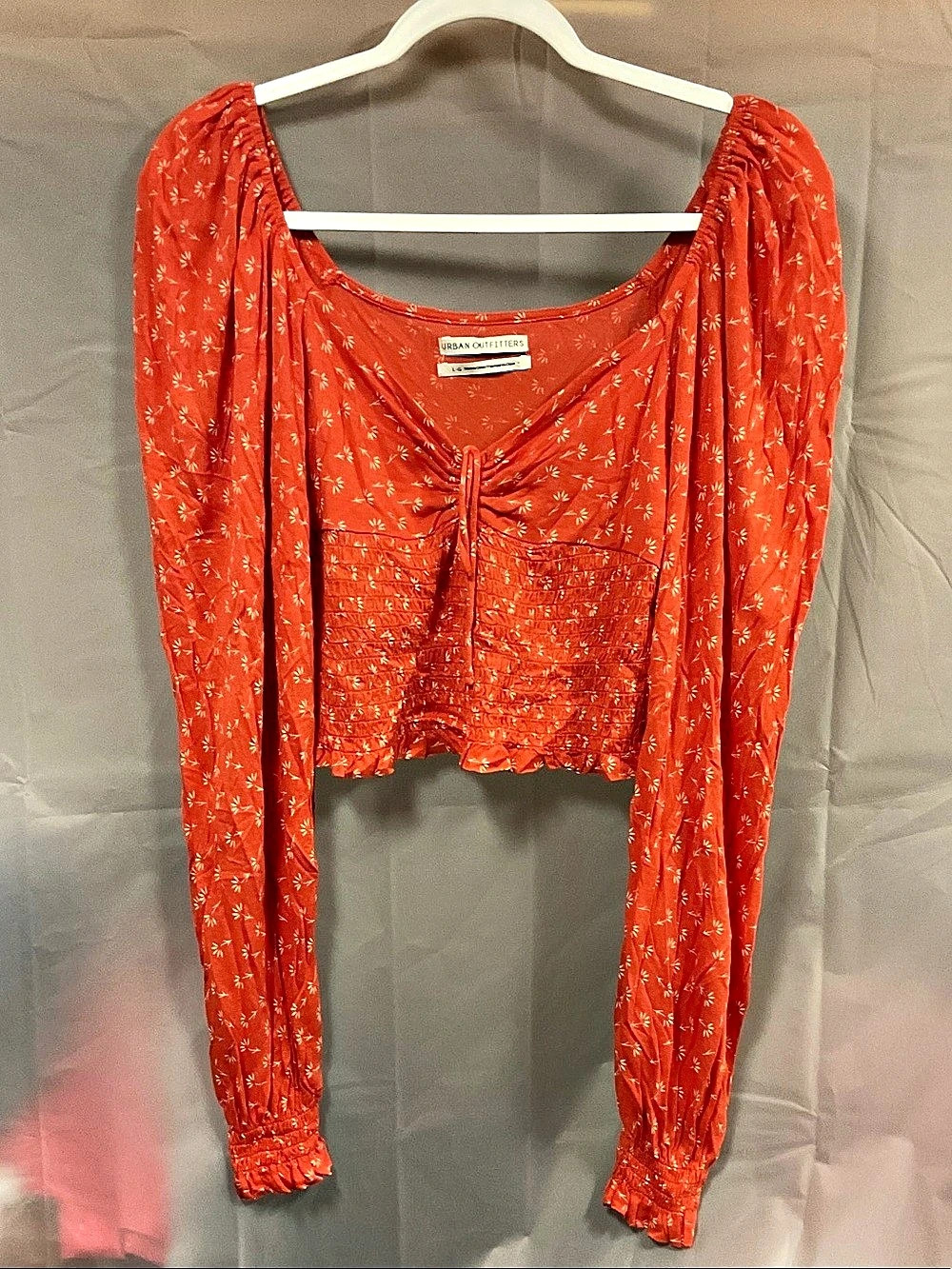 Urban Outfitters Bouquet Square-Neck Smocked Top Red & White Large